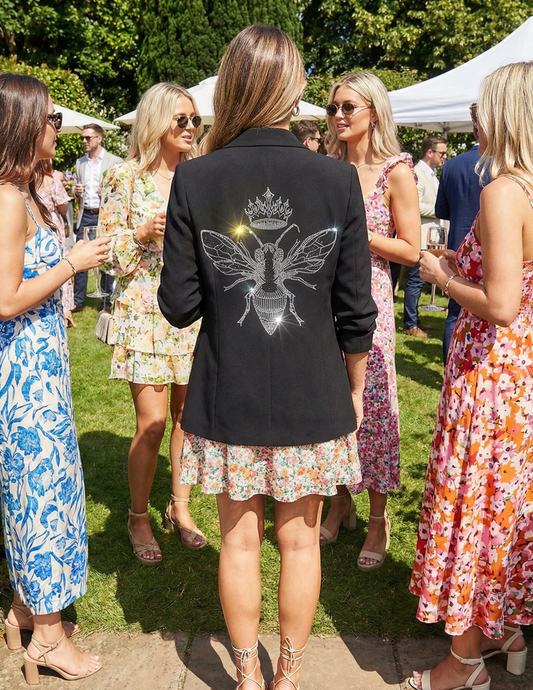 Silver Queen Bee on Black Ruched Sleeve Blazer