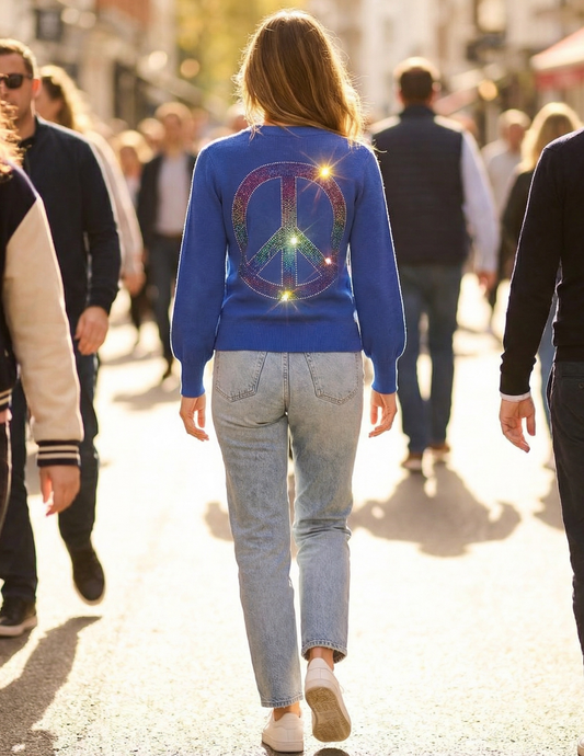 Peace Sign Blue Puff Sleeve Cardigan Sweater