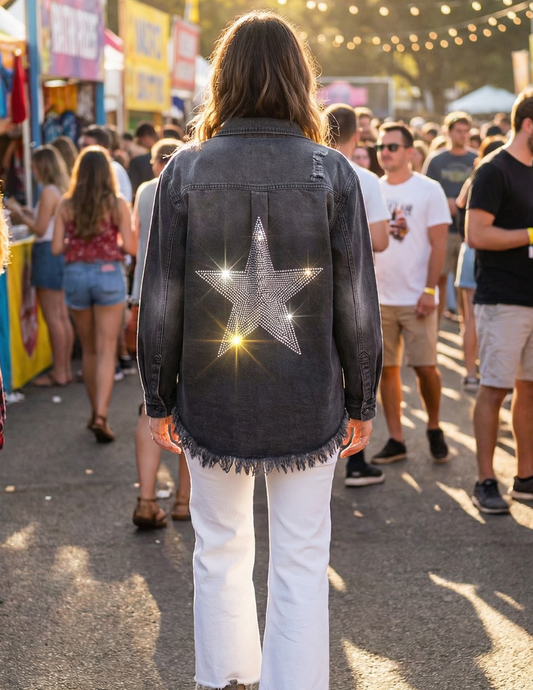 Silver Star Black Denim Shirt w/ Raw Hem