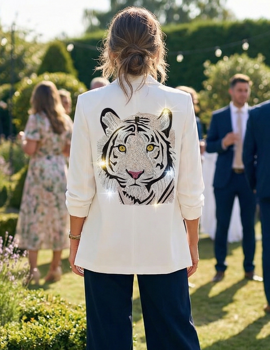 Orange Tiger Face Ruched White Blazer