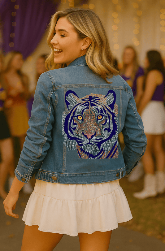 Licensed Game Day Denim Jacket, Medium Wash Blue, LSU Purple Tiger Face