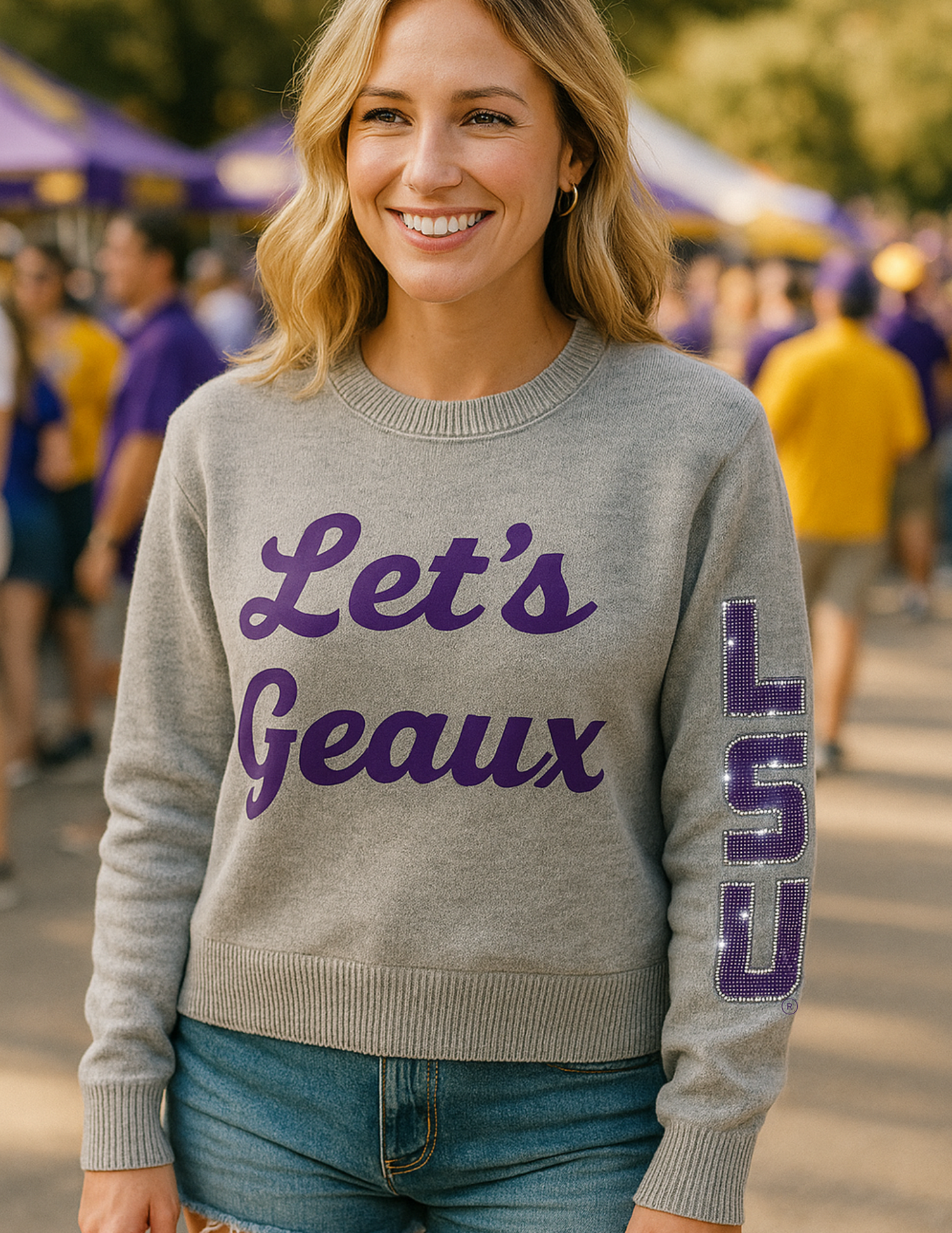 Licensed Game Day Sweater, Gray, Crystal LSU Lets Geaux
