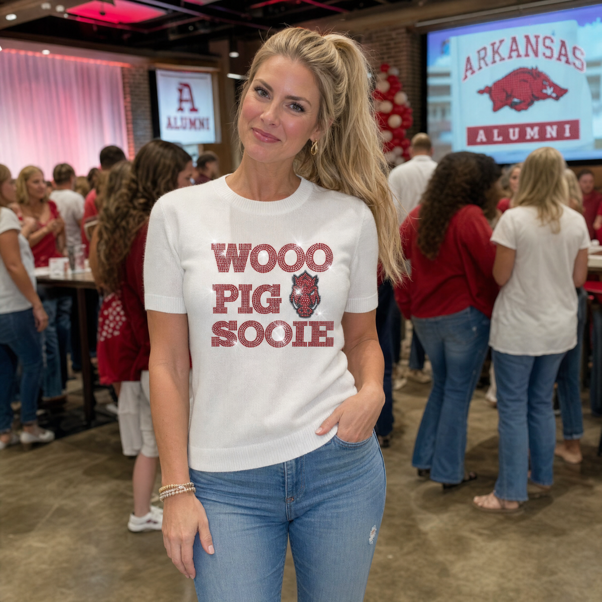 University of Arkansas Wooo Pig Sooie Razorback White Short Sleeve Sweater