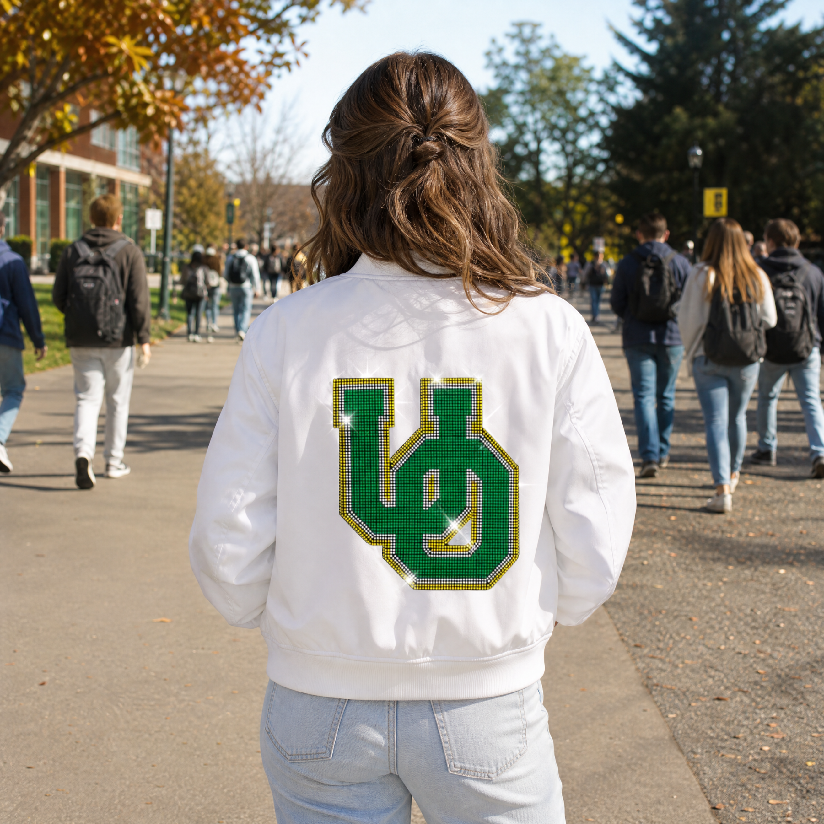 University Of Oregon Large Interlocking UO White Bomber Jacket