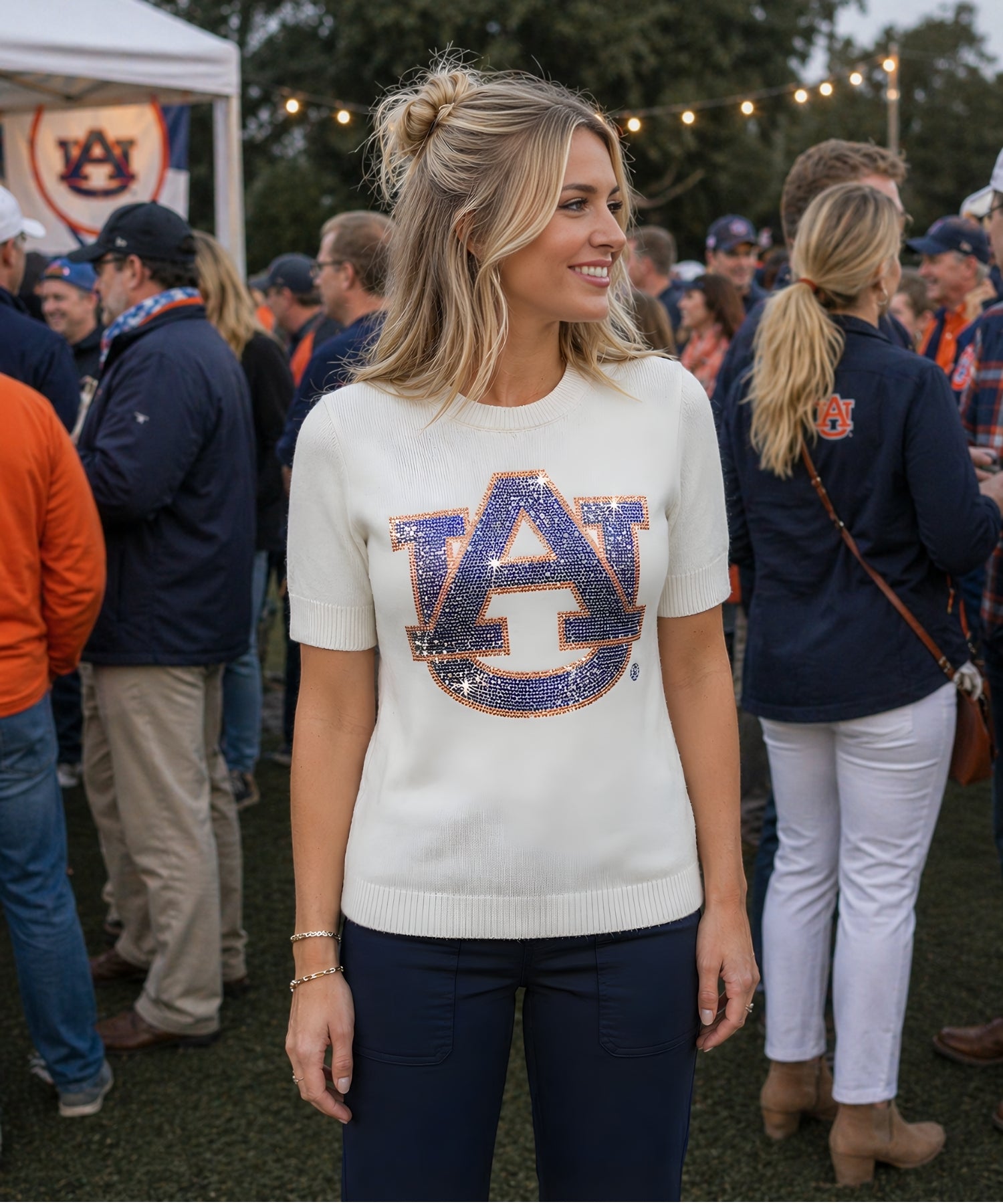Auburn University Navy AU Ivory Short Sleeve Crewneck Sweater