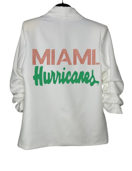University Of Miami Hurricanes Script White Ruched Sleeve Blazer