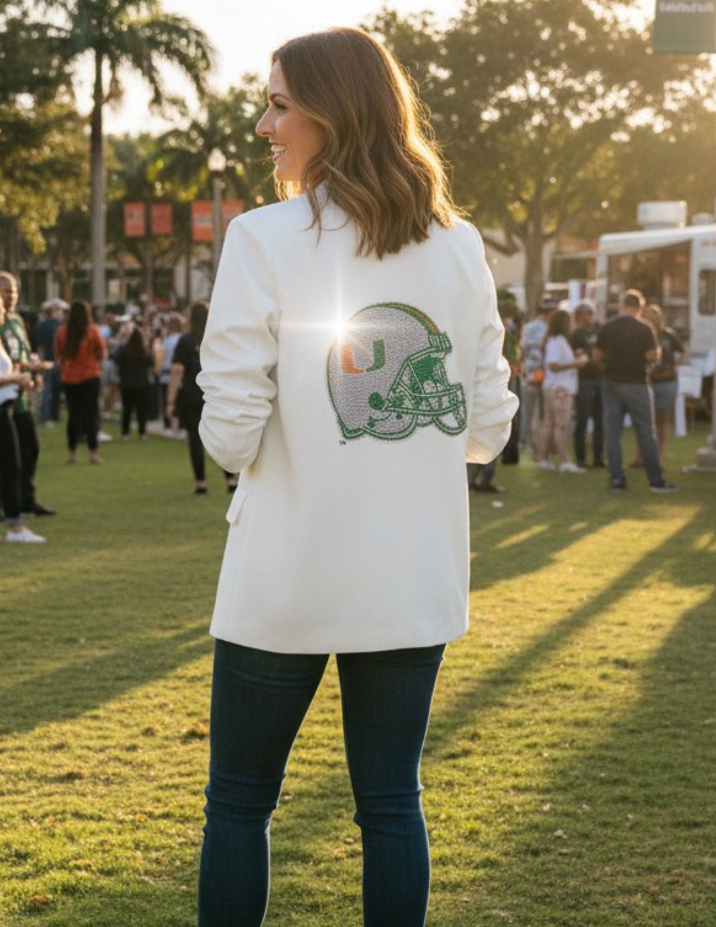 University Of Miami Helmet White Ruched Sleeve Blazer