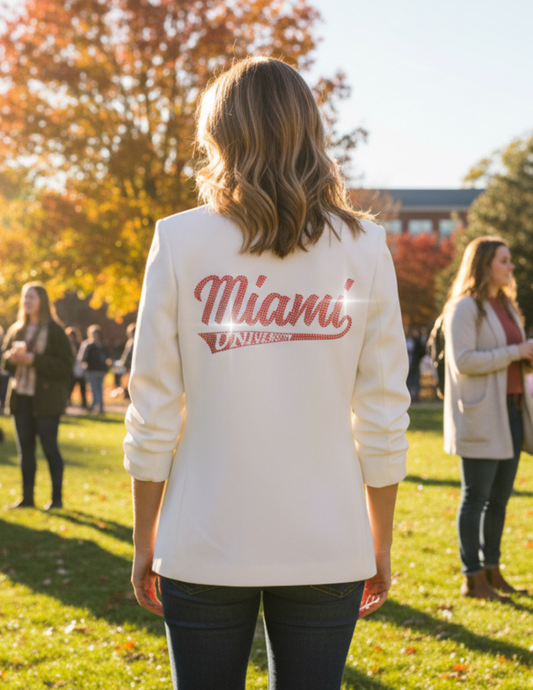 Licensed Game Day Blazer, White Ruched, Miami of Ohio Script