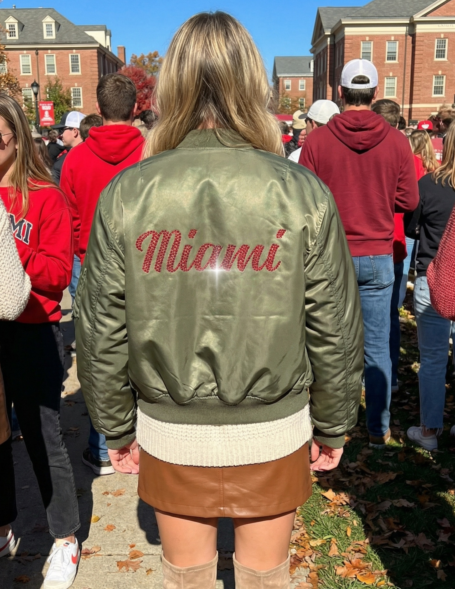 Miami University Ohio Army Green Bomber Jacket Script