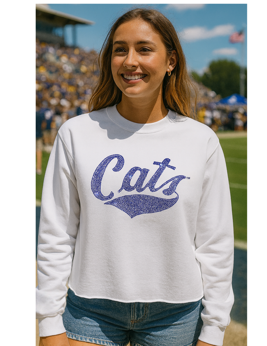 Licensed Game Day Sweatshirt, White, Montana State Cats Rhinestone Script