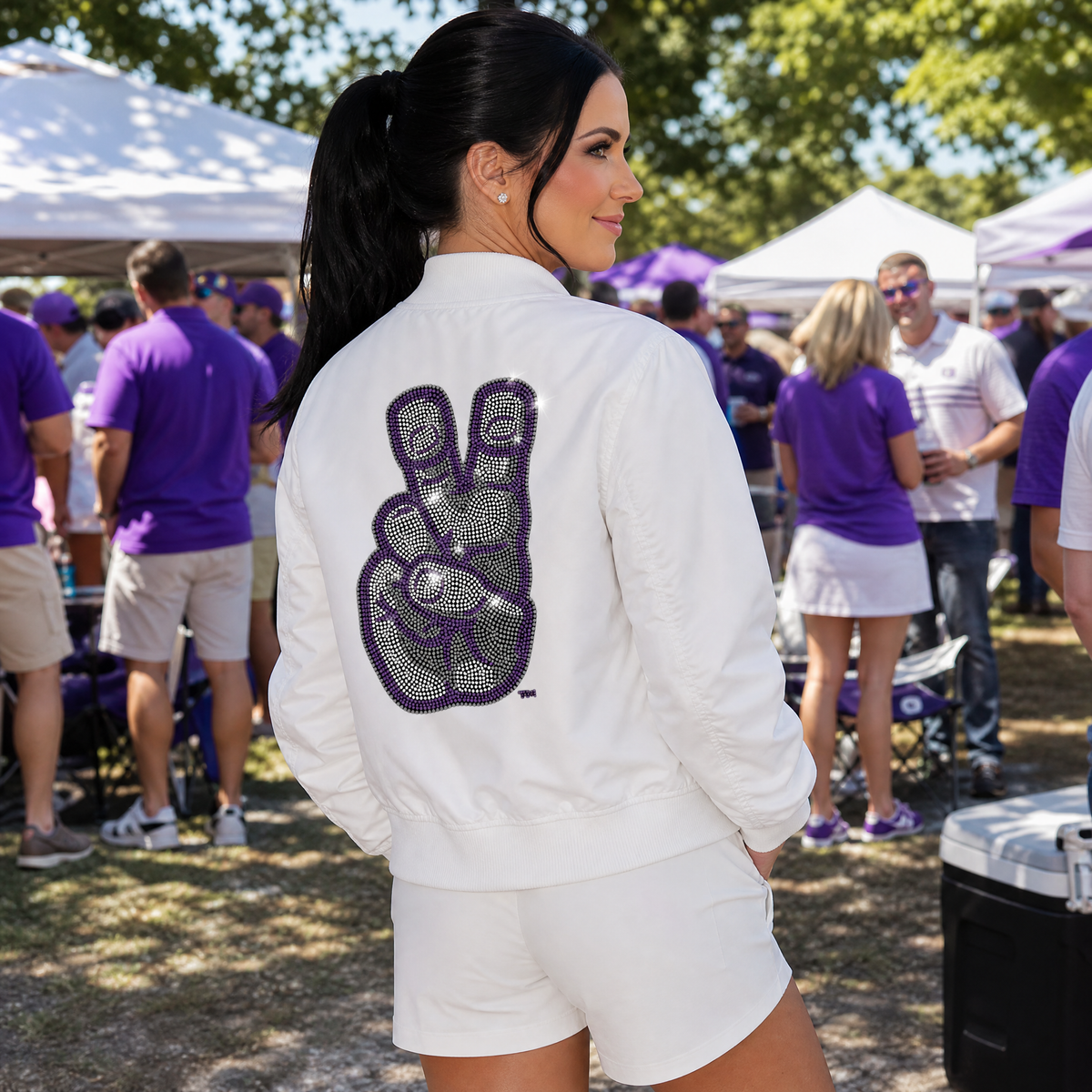 TCU Frog Horns Hand Sign Logo White Bomber Jacket