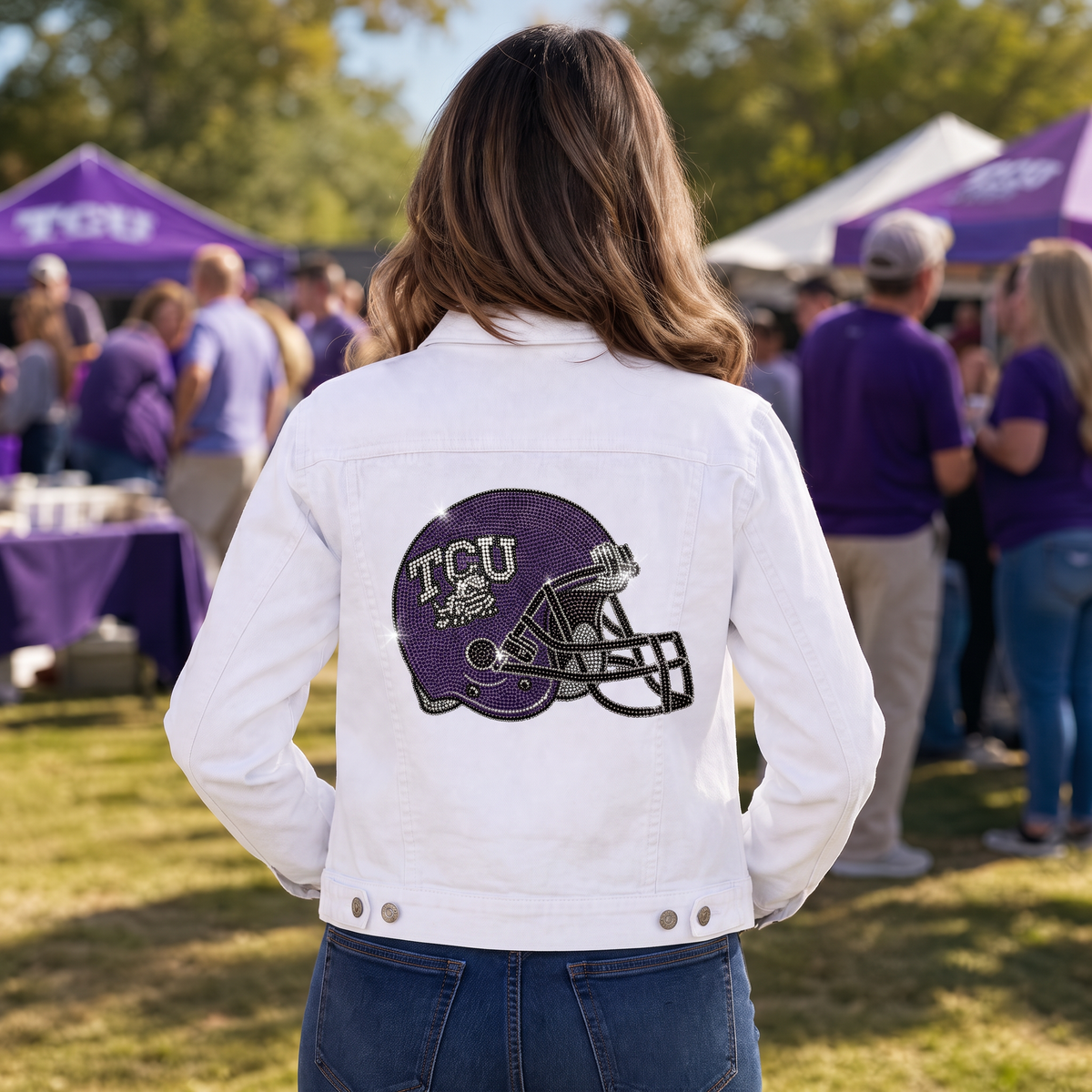 TCU Helmet White Denim Jacket