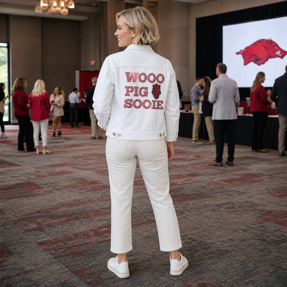 University of Arkansas Wooo Pig Sooie Razorback White Denim Jacket