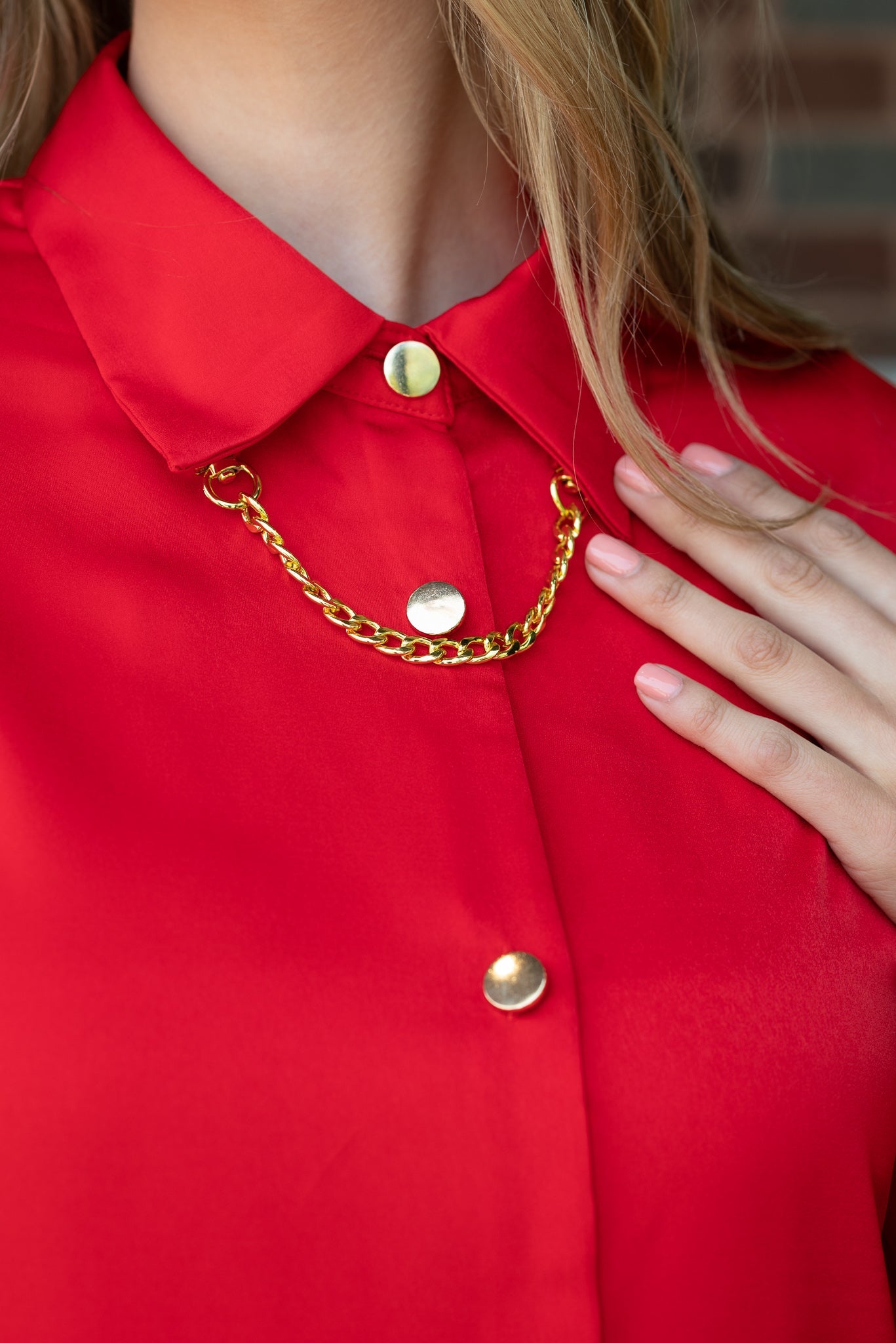 Shirt, Silky Red, Gold Chain/Buttons