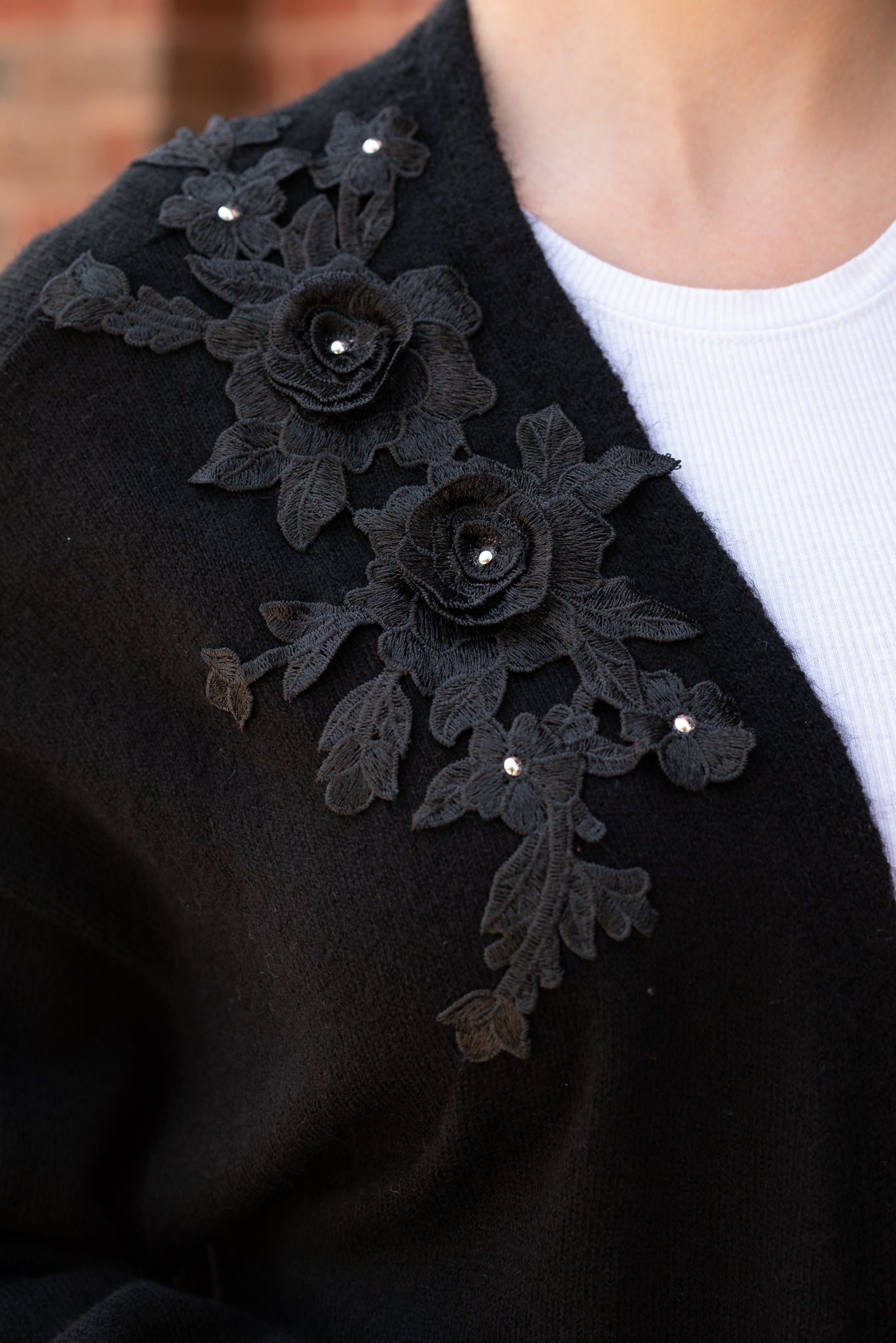 SMALL or MEDIUM Sweater, Cardigan Long Black, Lace Flowers