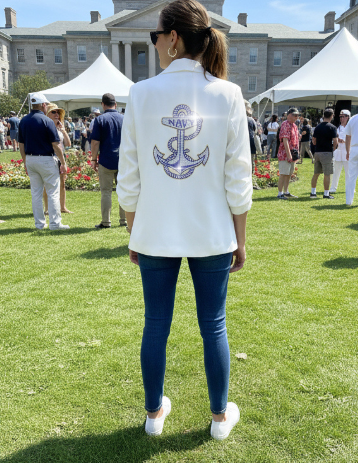 Game Day Blazer, Ruched White, Naval Academy Anchor