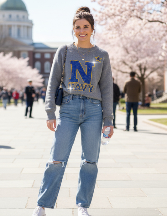 Licensed Game Day Sweater, Crewneck Gray, Naval Academy Navy N