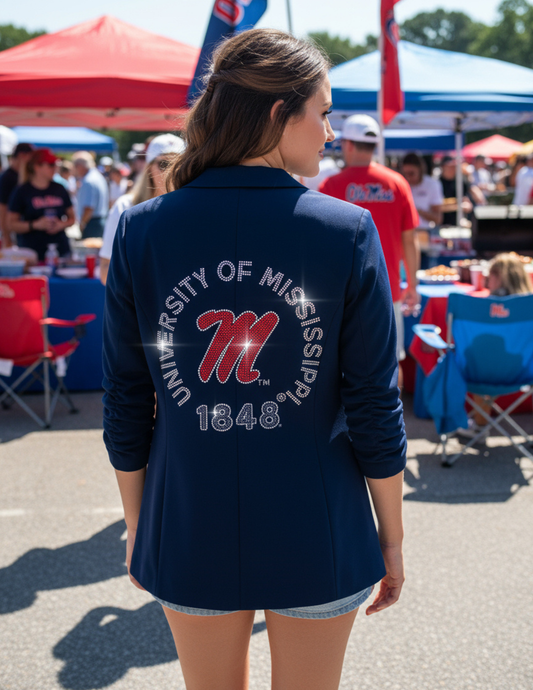 Licensed Game Day Blazer, Navy Blue Ruched, Ole Miss Est 1848