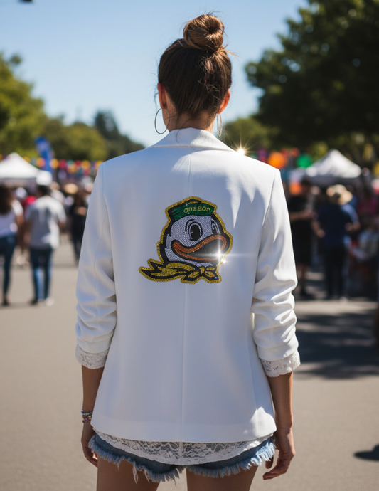 University of Oregon Duck Logo White Ruched Sleeve Blazer
