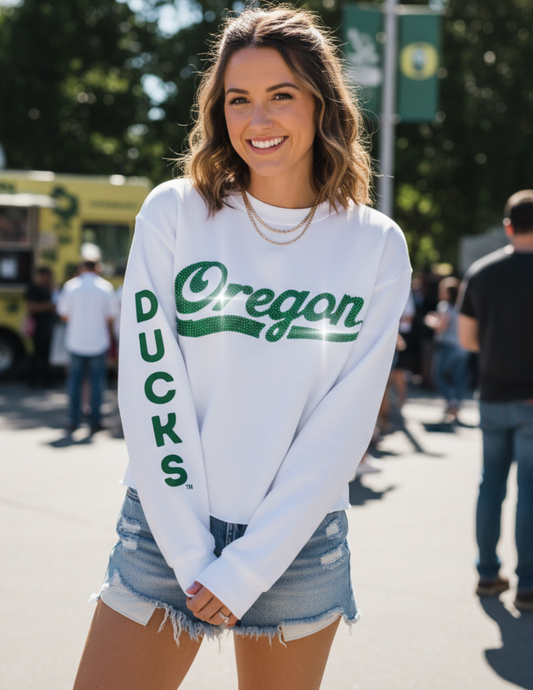 University Of Oregon Script Ducks White Crewneck Sweatshirt