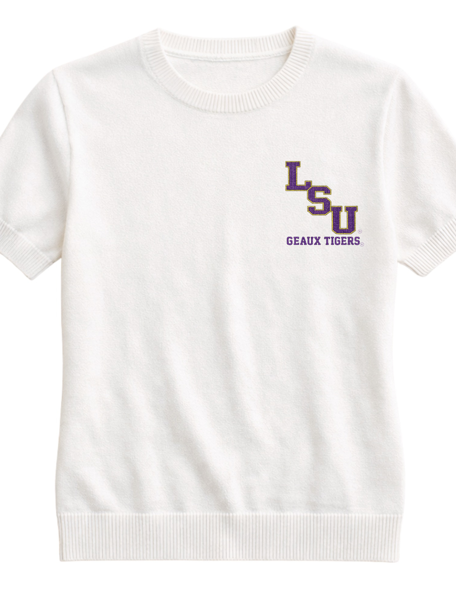 LSU Small Block Letters Geaux Tigers Ivory Crewneck Short Sleeve Sweater