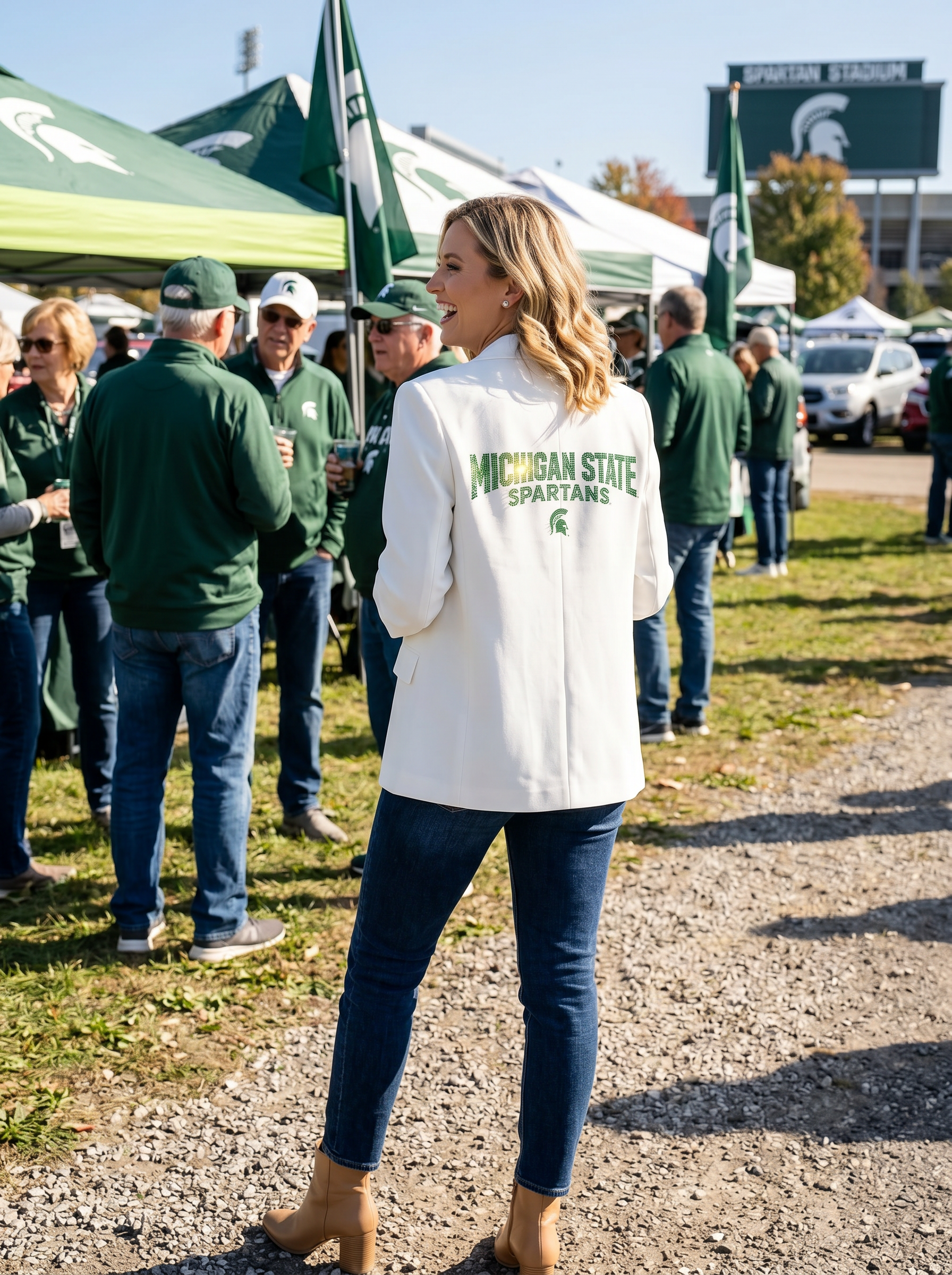 Michigan State Spartans Script Helmet White Ruched Sleeve Blazer