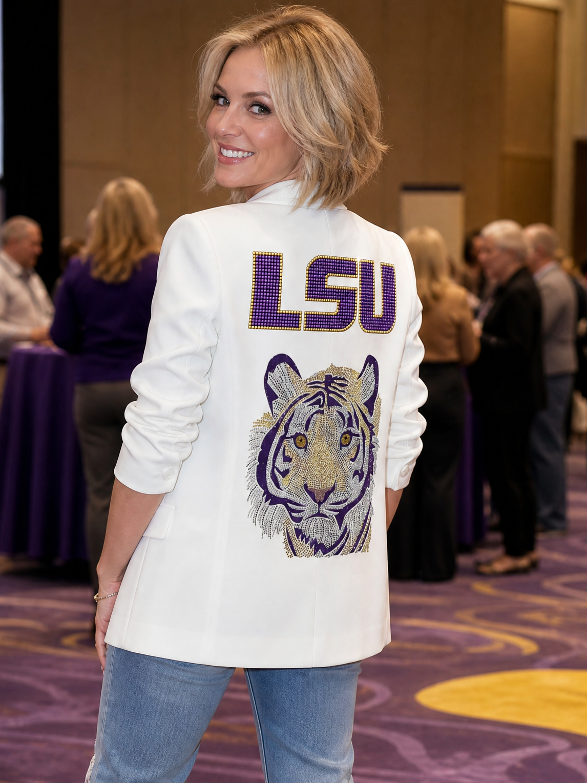 LSU Purple Tiger White Ruched Sleeve Blazer