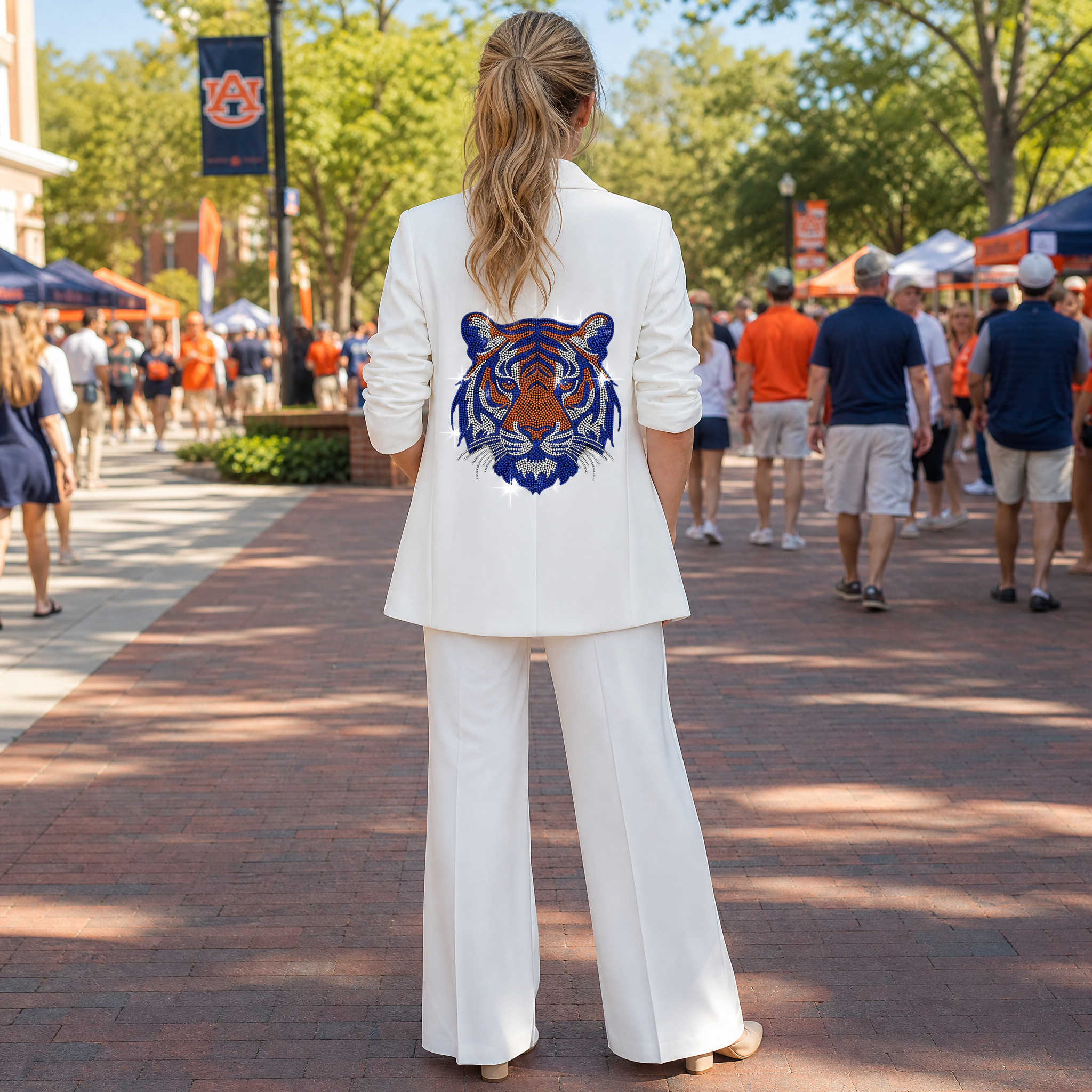 Auburn University Orange & Navy Tigers White Ruched Sleeve Blazer