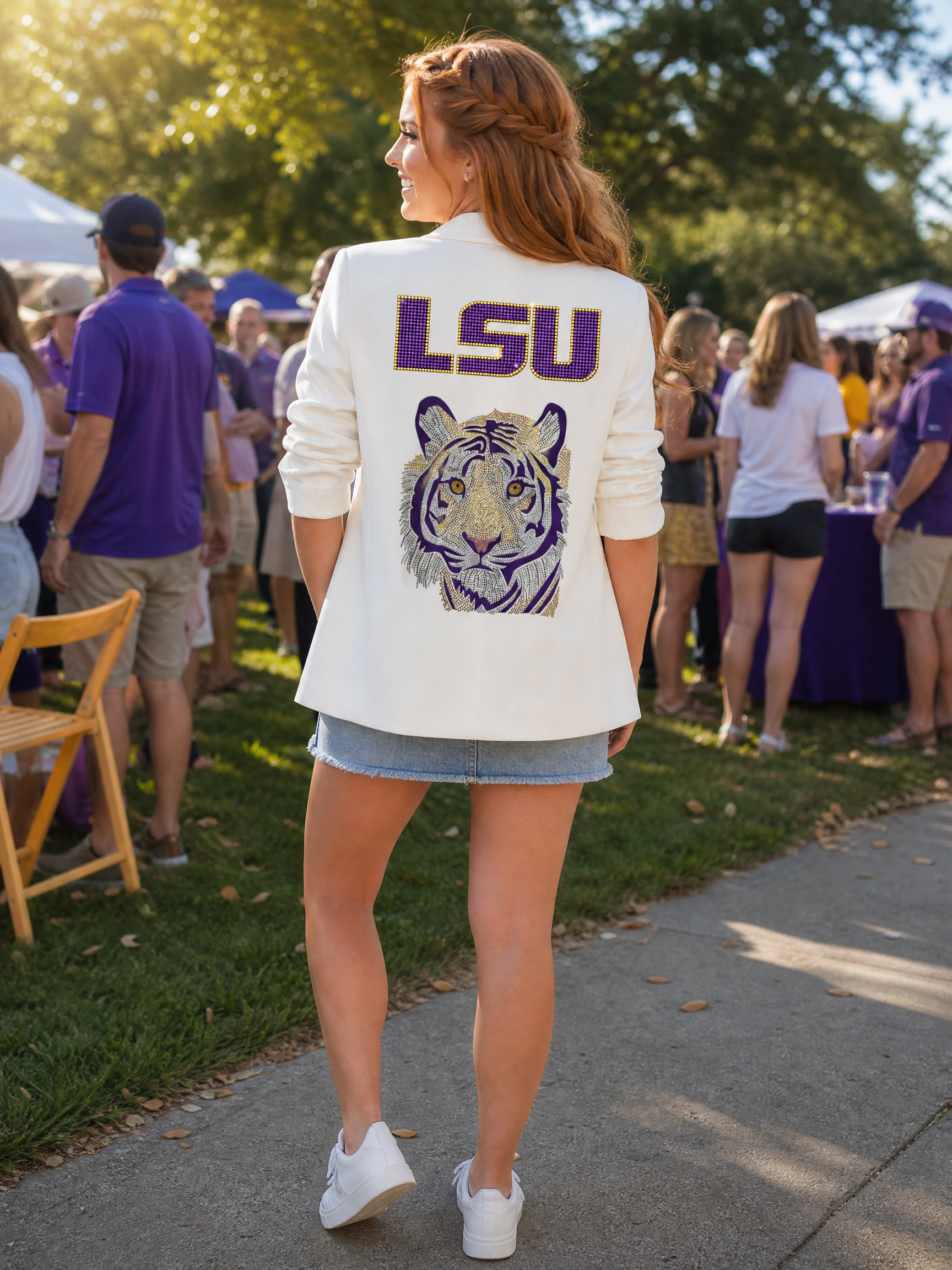 LSU Purple Tiger White Ruched Sleeve Blazer