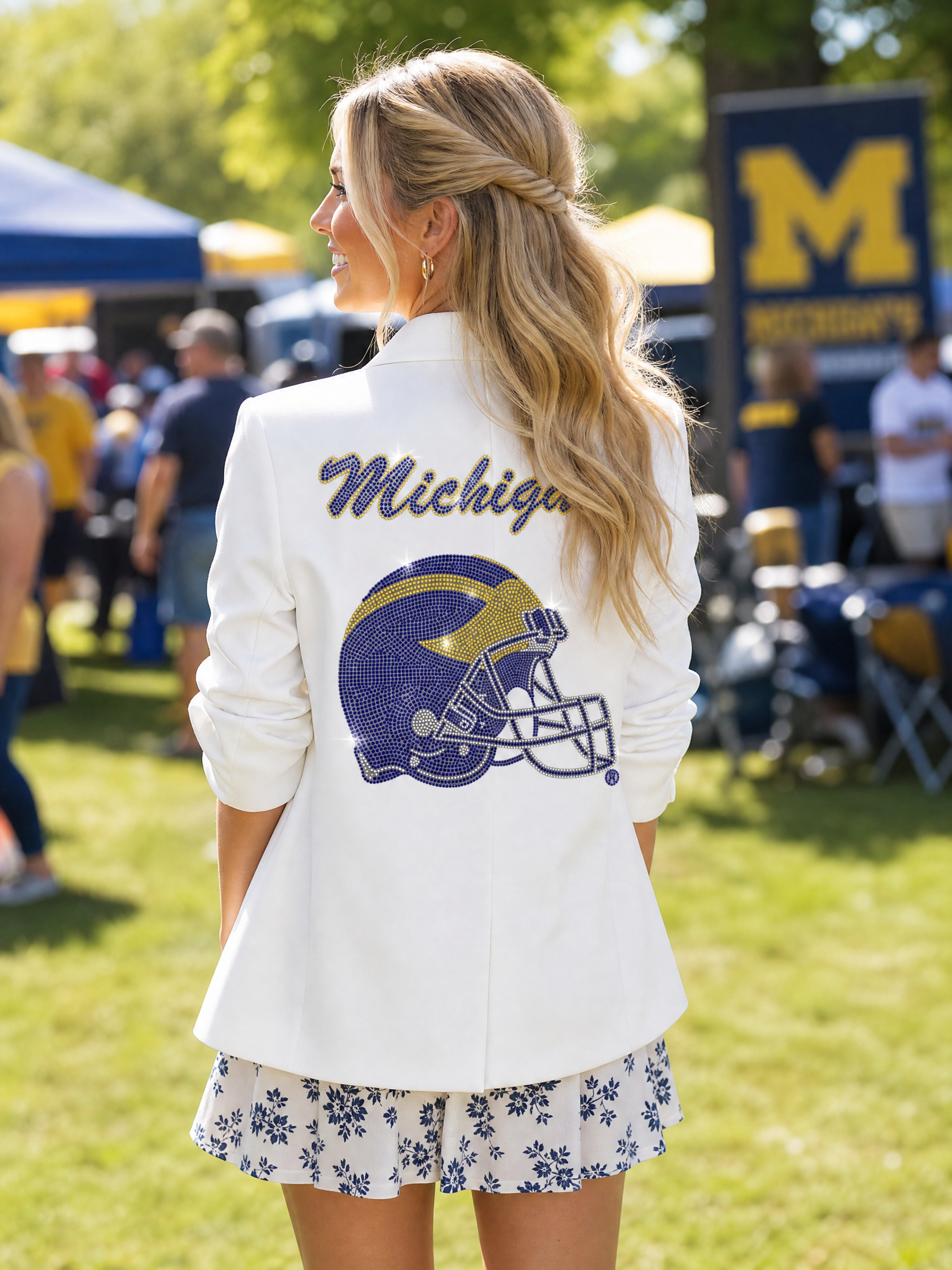University of Michigan Script Helmet White Ruched Sleeve Blazer