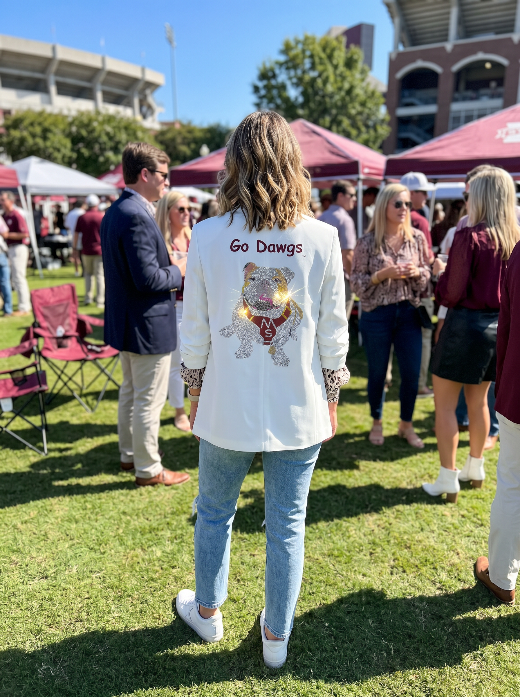 Mississippi State Go Dawgs White Ruched Sleeve Blazer
