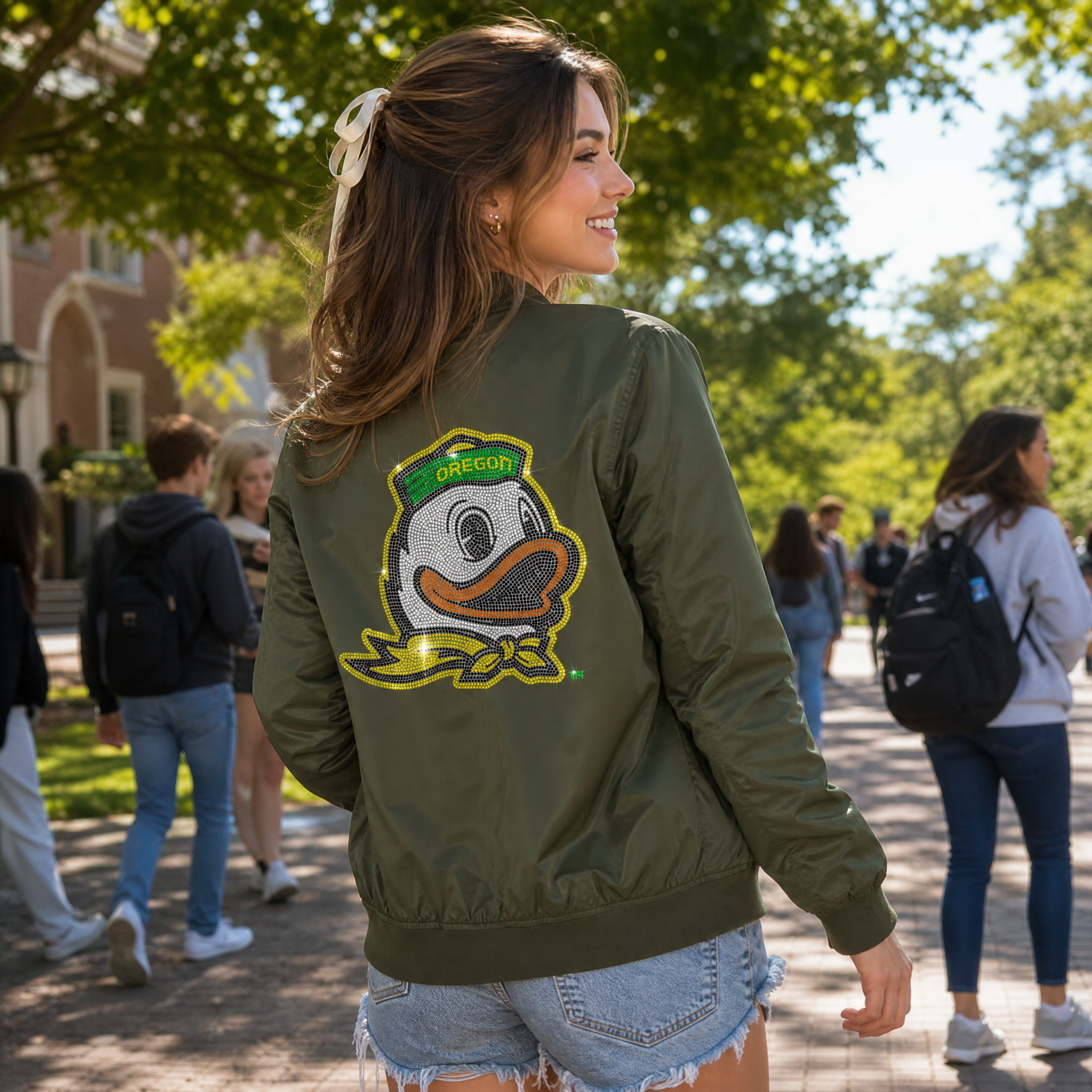 University of Oregon Duck Army Green Bomber Jacket