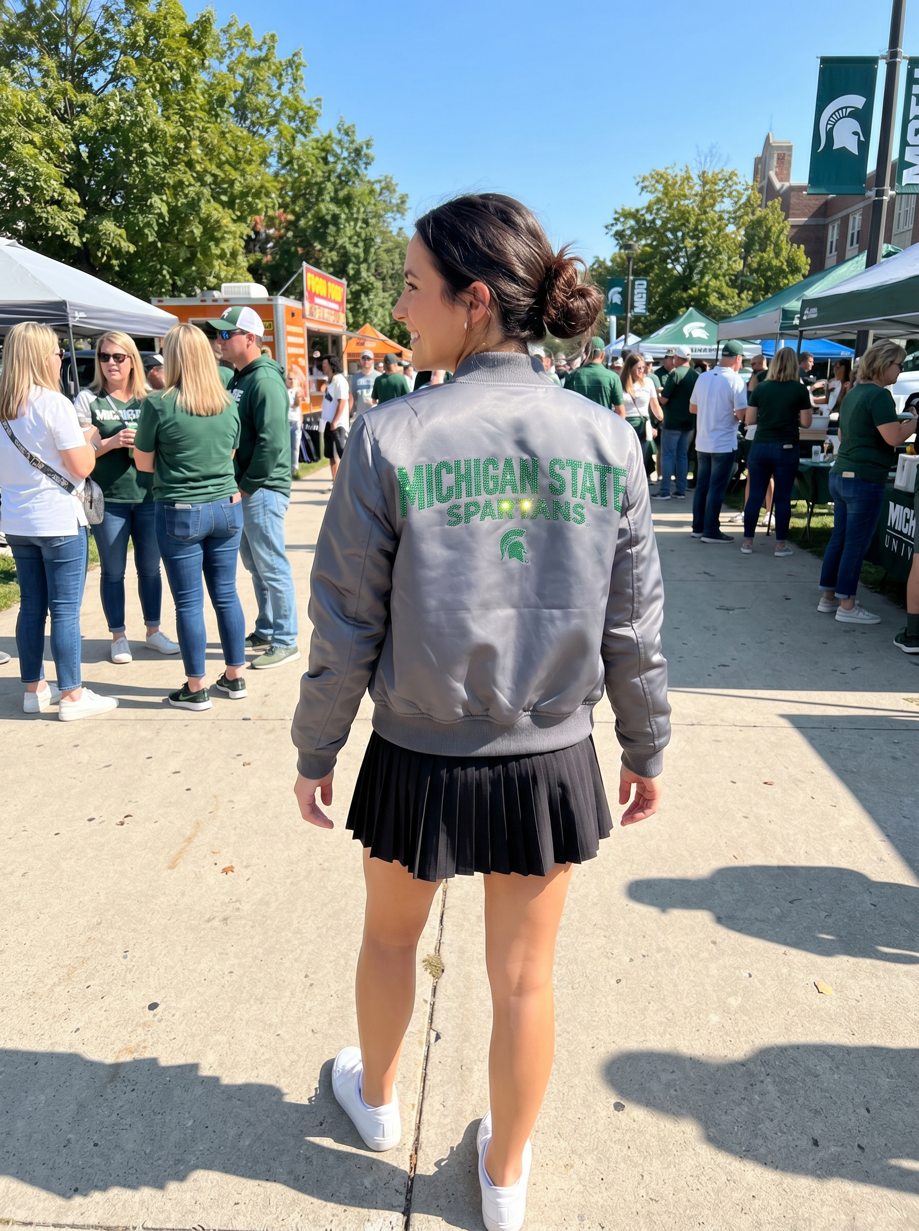 Michigan State Spartans Script, Small Helmet Grey Bomber Jacket