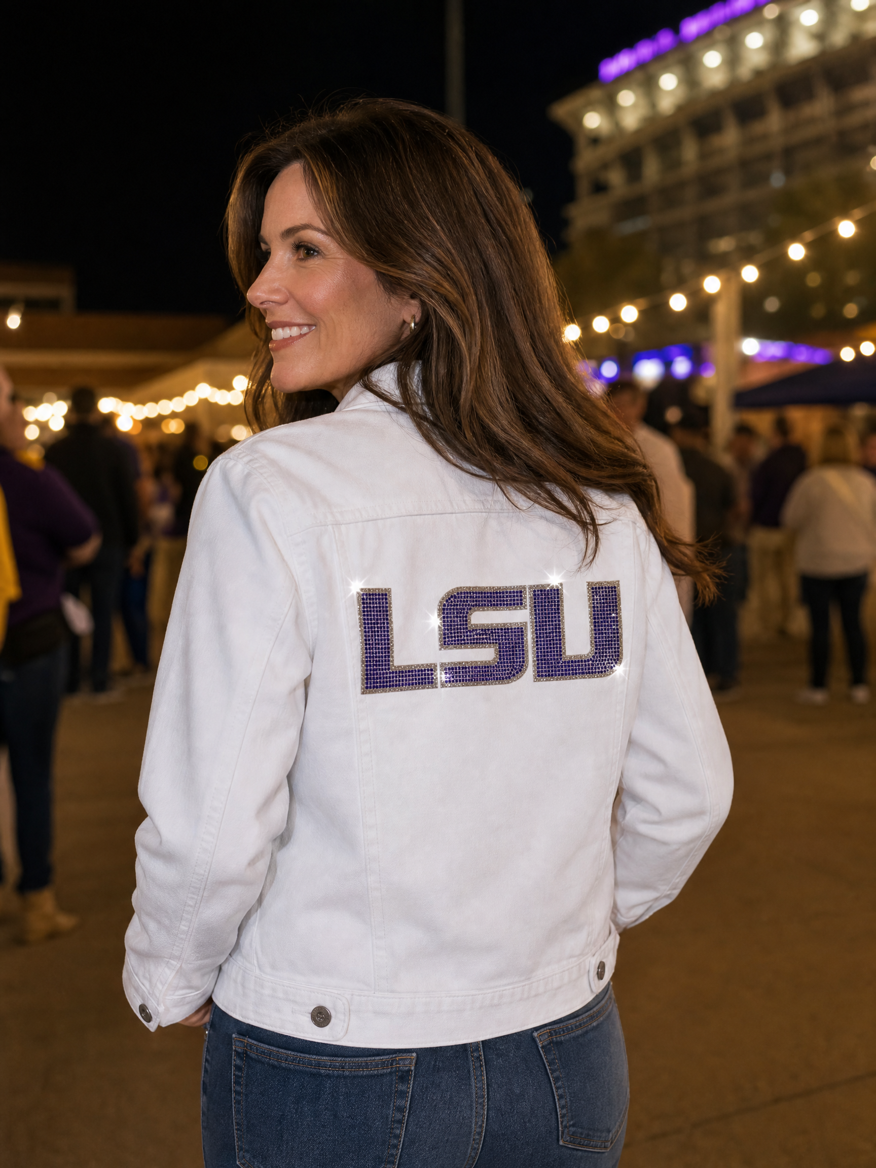 LSU Crystal Block Letters White Denim Jacket