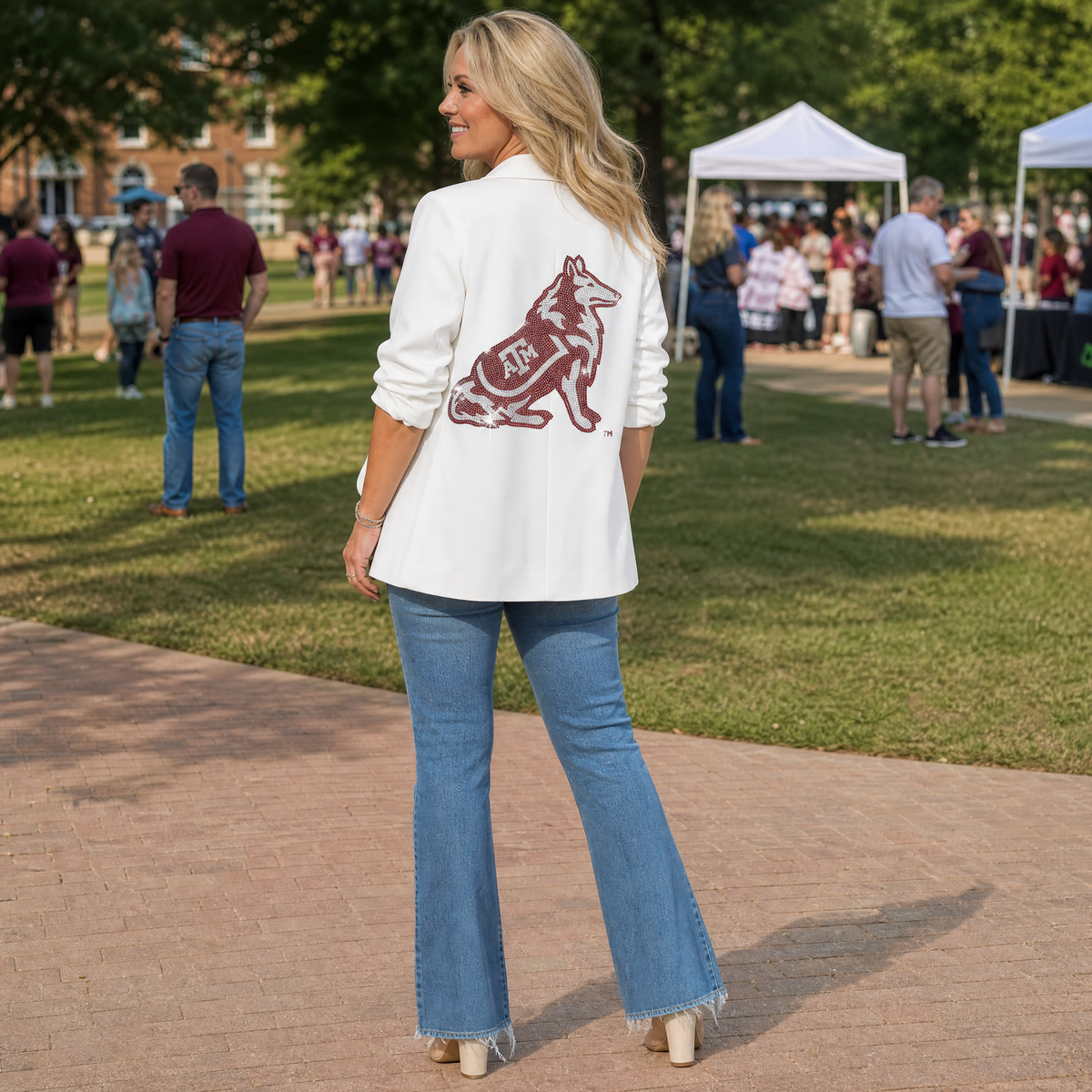 Texas A&M Reveille White Ruched Sleeve Blazer