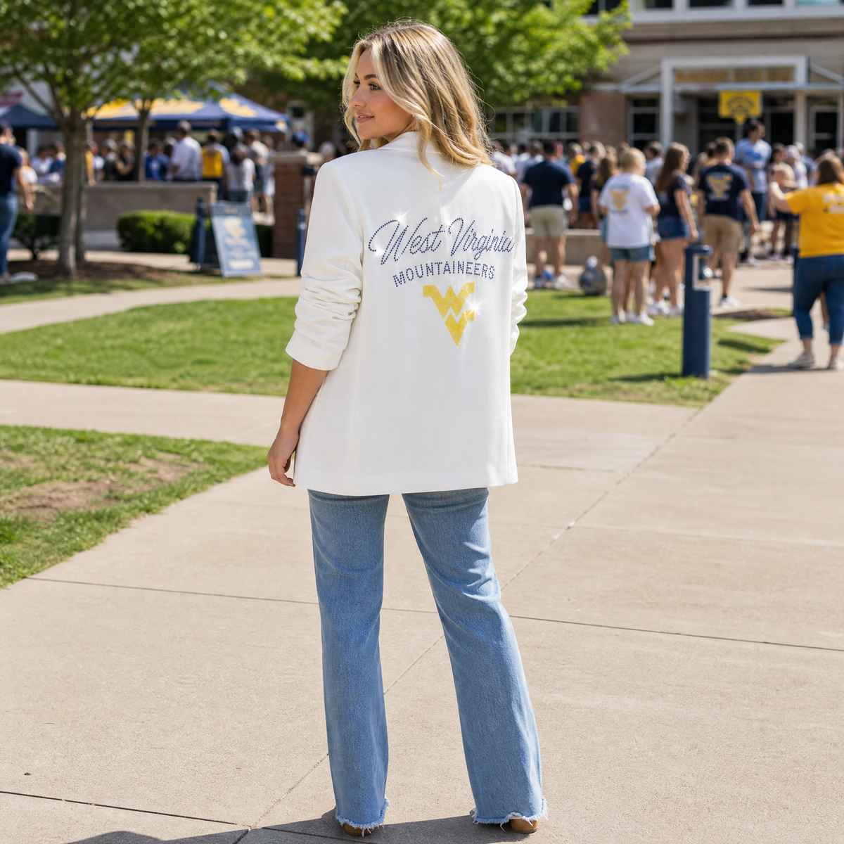 West Virginia Mountaineers WV White Ruched Sleeve Blazer