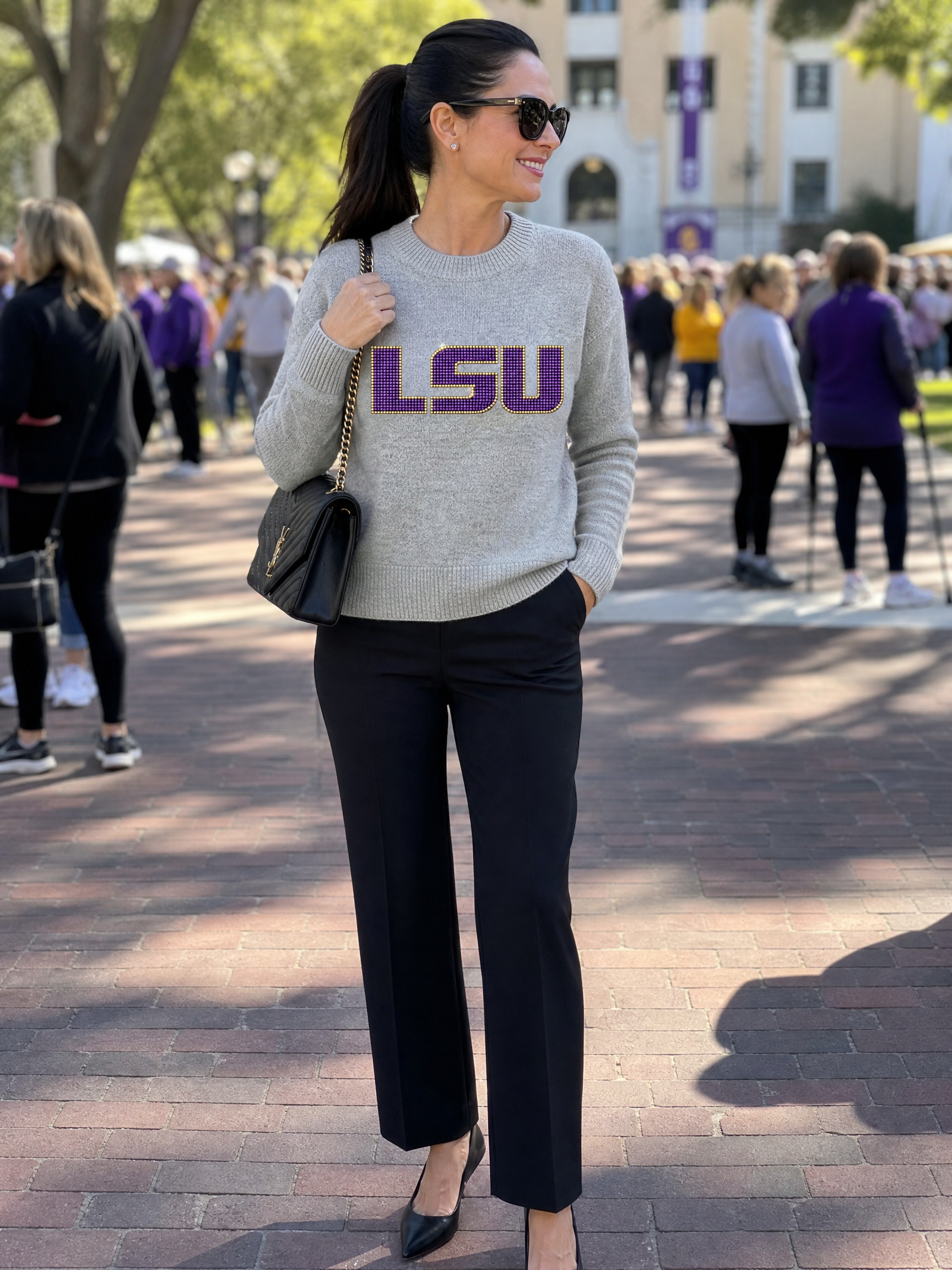 LSU Crystal Block Letters Gray Crewneck Sweater