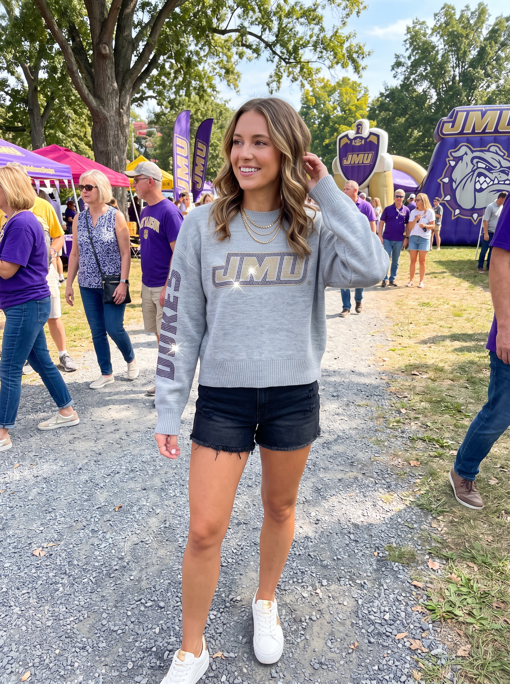 James Madison Logo and Dukes Gray Crewneck Sweater