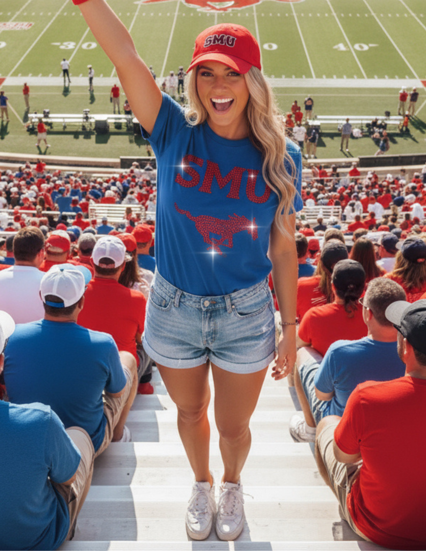 Licensed Game Day T-Shirt, Crewneck Blue, SMU Red Mustang