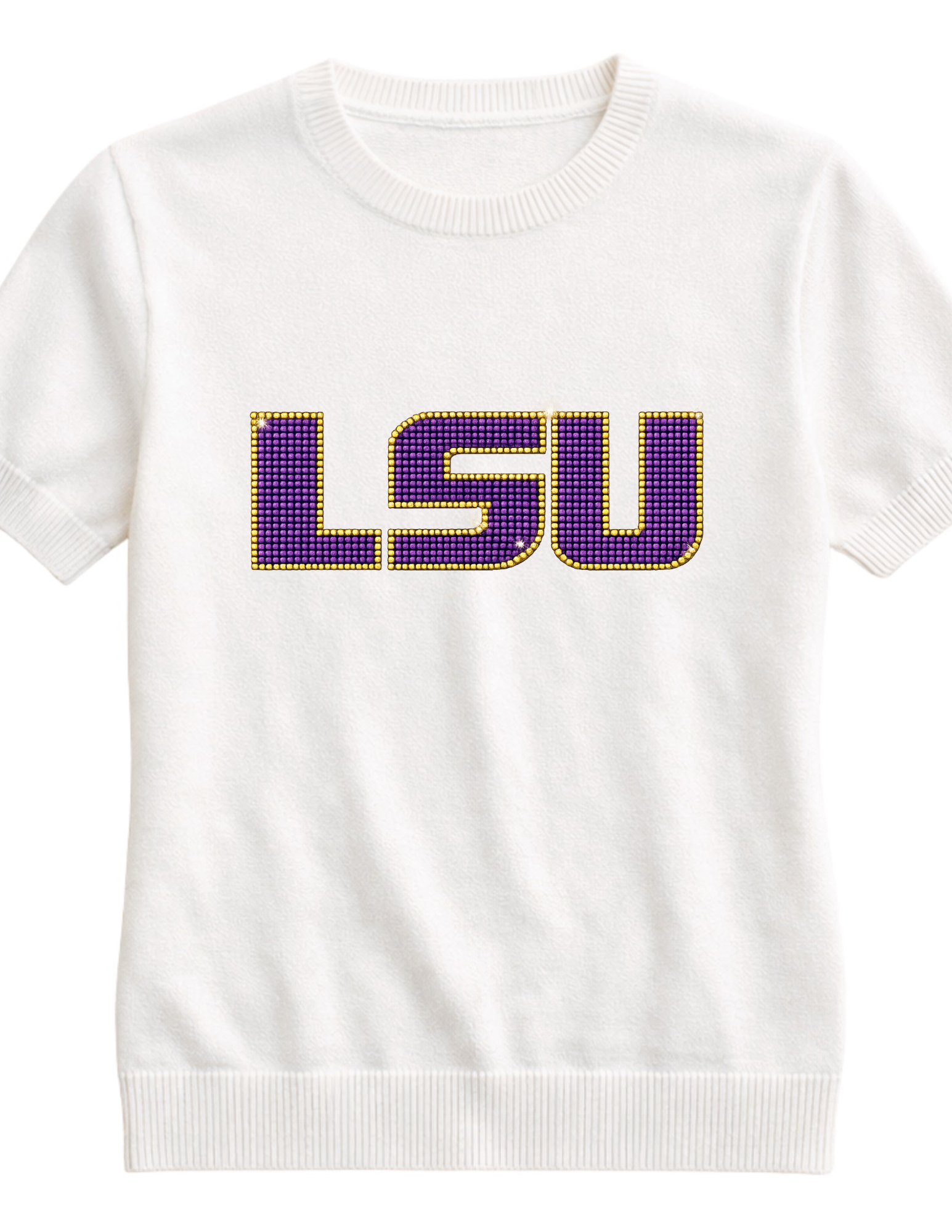 LSU Crystal Block Letters Ivory Crewneck Short Sleeve Sweater