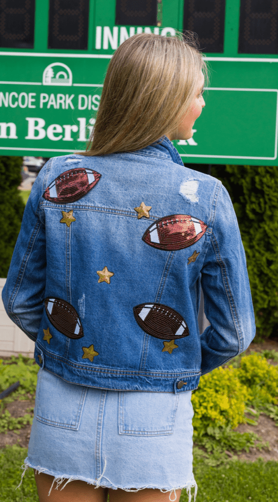 Game Day Jacket, Blue Denim, Football Explosion | Moving Forward Designs
