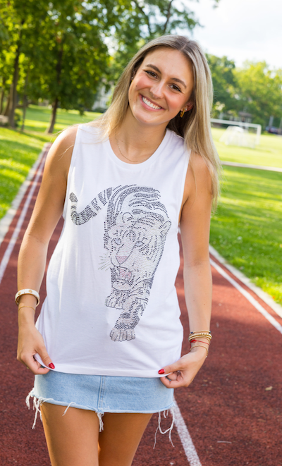 Muscle Racerback White Tank Top, Silver Walking Tiger