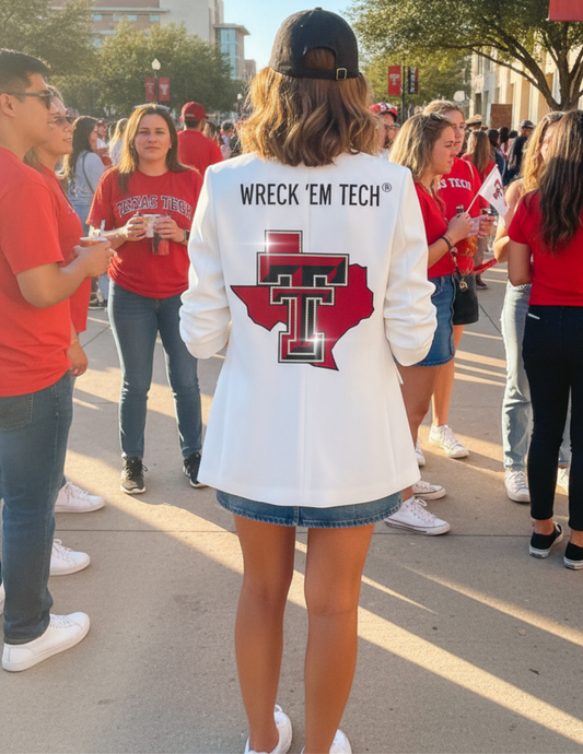 Licensed Game Day Blazer, Ruched White, Texas Tech TT State Wreck Em Tech