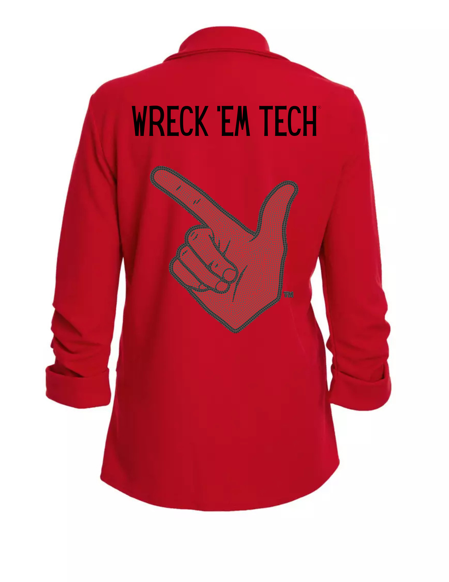 Game Day Blazer, Ruched Red, Texas Tech Wreck Em Tech Guns Up Hand