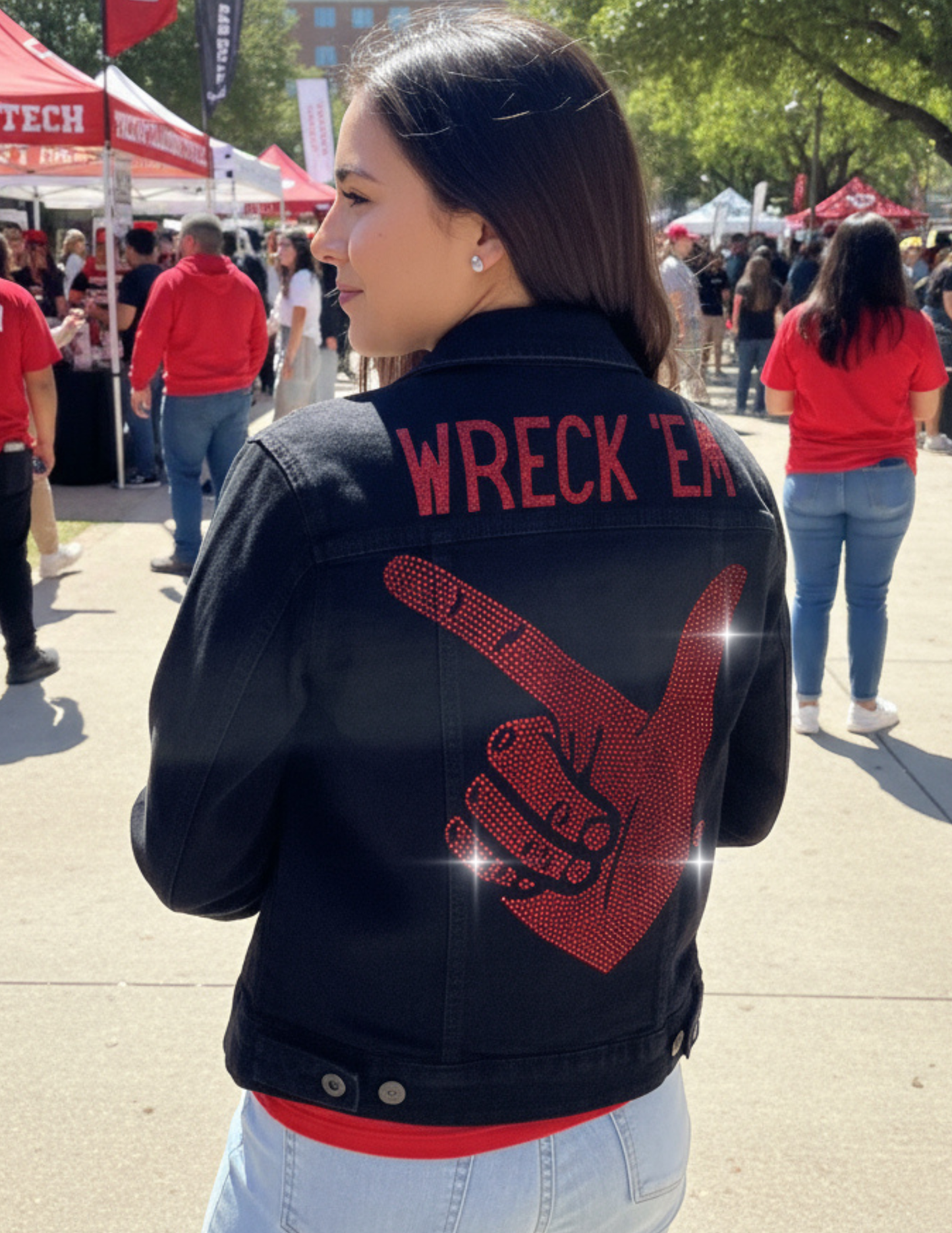 Licensed Game Day Jacket, Black Denim, Texas Tech Wreck 'Em Guns Up