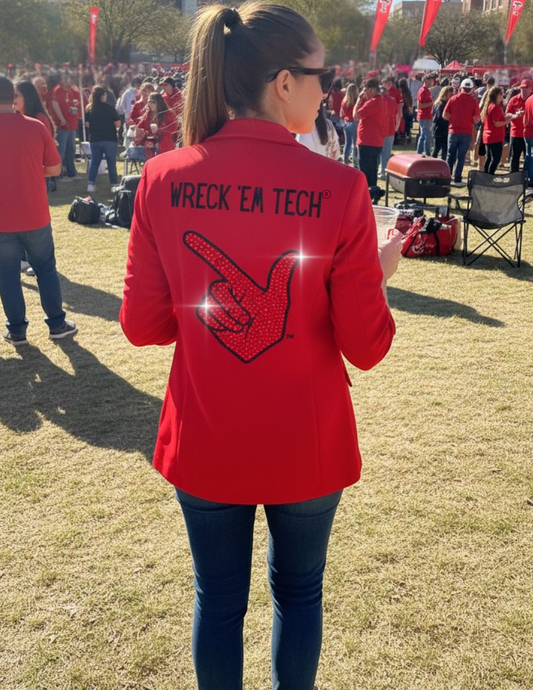 Licensed Game Day Blazer, Ruched Red, Texas Tech Wreck Em Tech Guns Up Hand