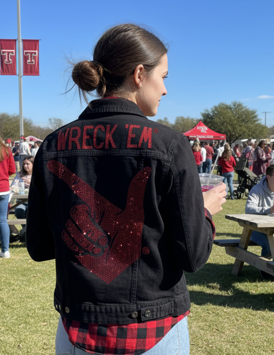Licensed Game Day Jacket, Black Denim, Texas Tech Wreck 'Em Guns Up