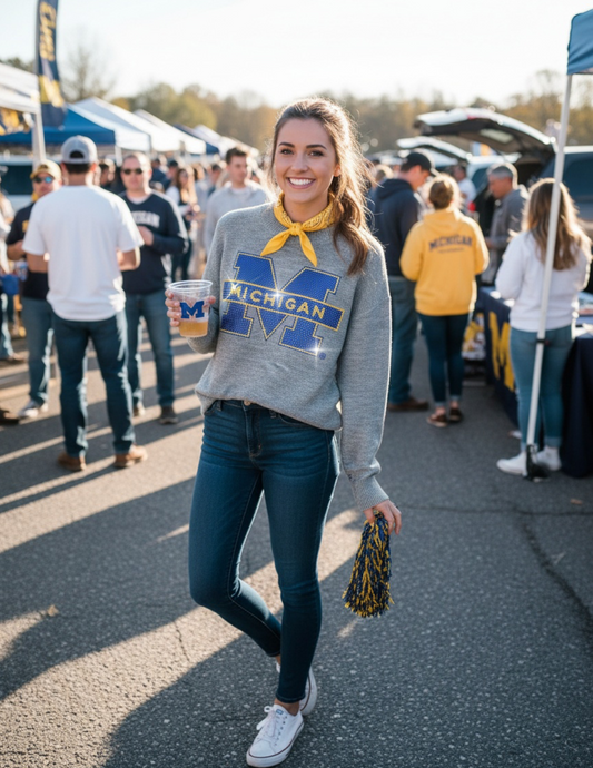 Licensed Game Day Sweater, Crewneck Grey, University of Michigan Block M