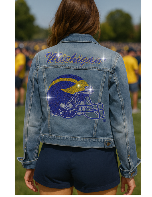 Licensed Game Day Jacket, Blue Denim, University Of Michigan Script & Helmet