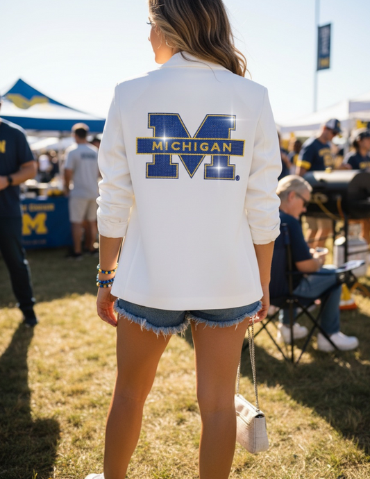 Licensed Game Day Blazer, White Ruched, University of Michigan Block M